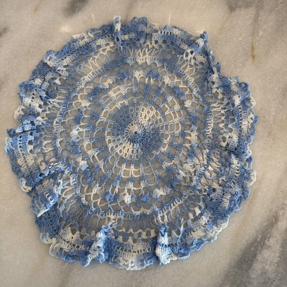 Vintage Hand Crocheted Doily Baby Blue And White